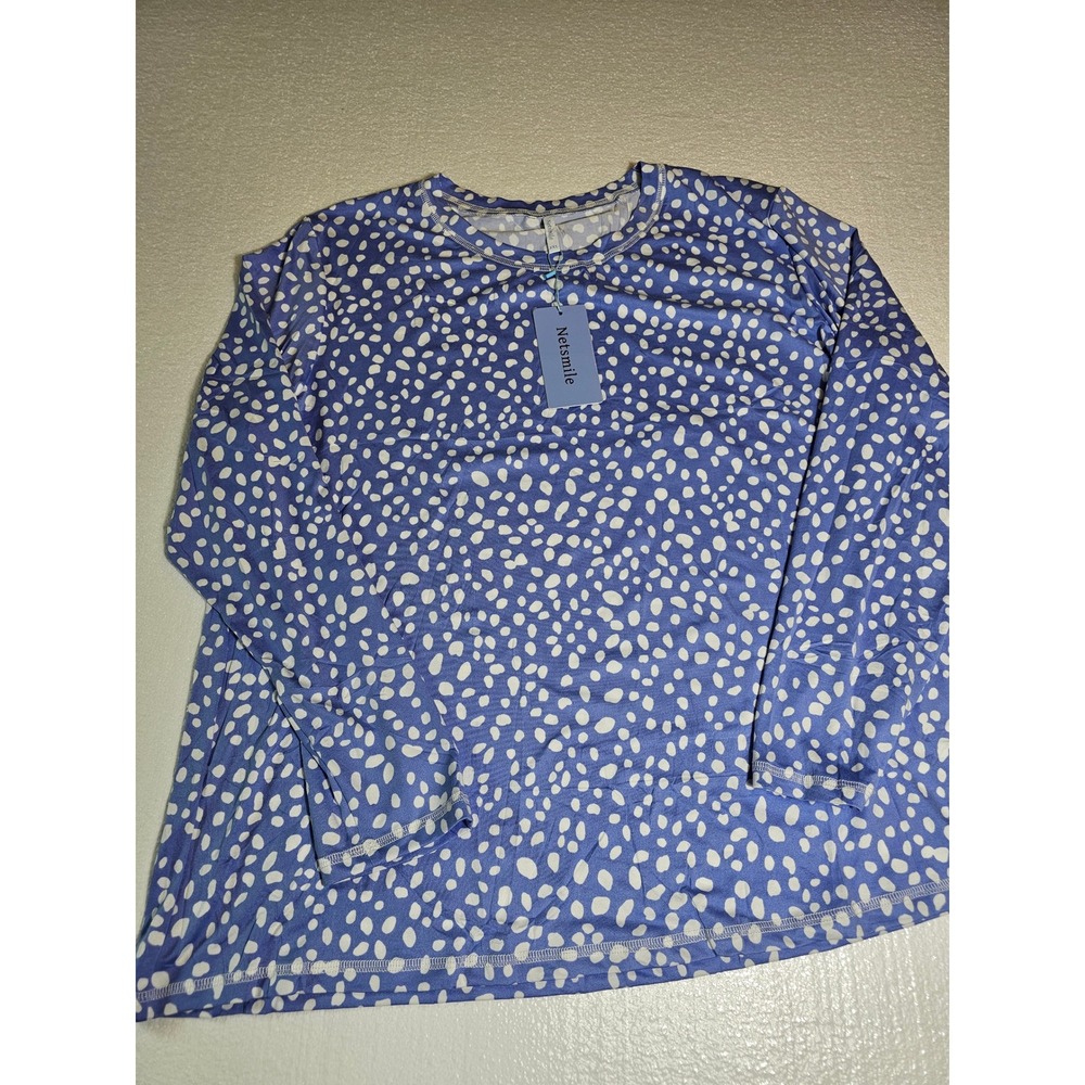 Netsmile Womens Blue Polka Dot Pajama Set Long Sleeve Top Wide Leg Pants 3XL NEW - Picture 2 of 6
